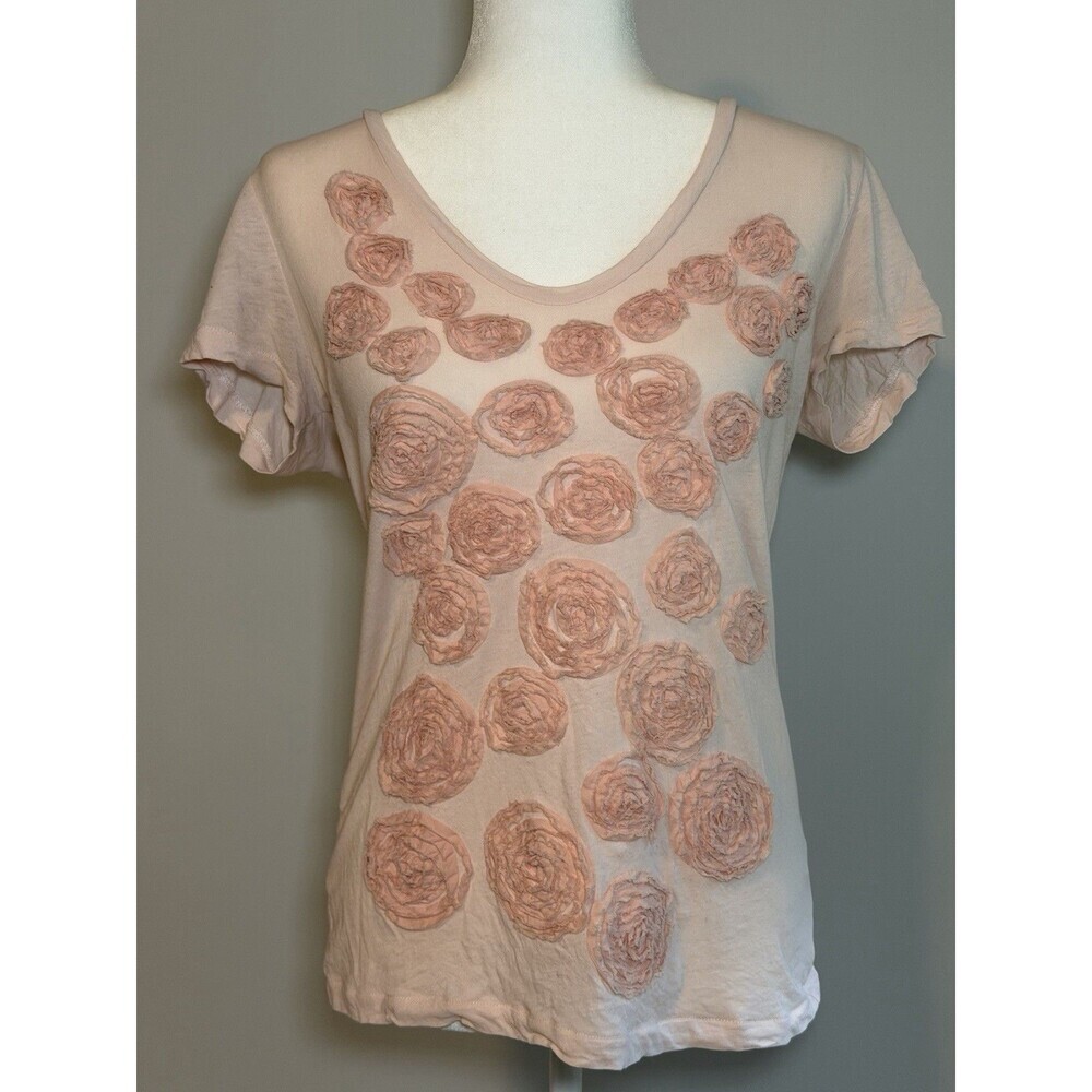 J. Crew Short Sleeve V-neck Rosette Applique Pale Pink Soft Medium Tee